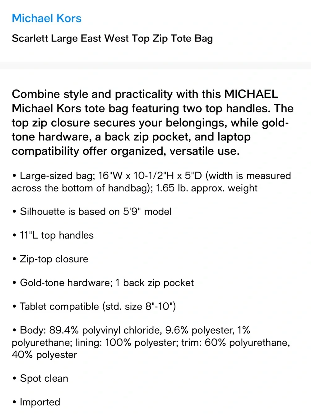 Michael Kors Scarlett Large East West Top Zip Tote Bag Navy Blue